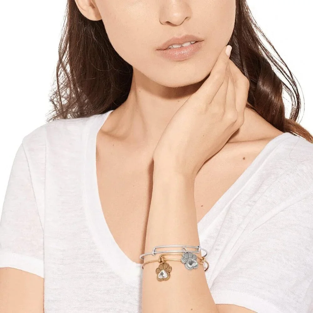 Expandable Bangle Women Crystal Paw Prints Love Charm Rafaelian Finish Adjustabl